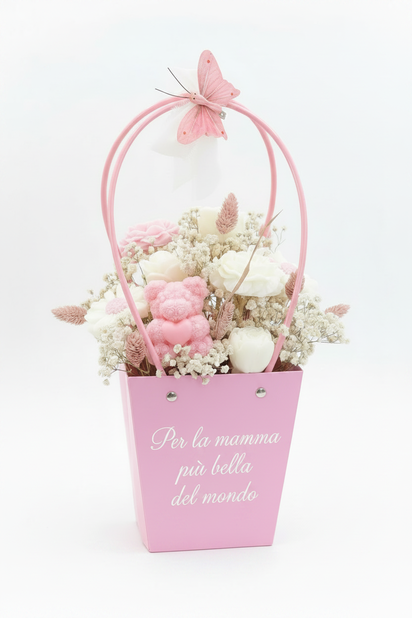 Flower bag rosa con dedica scritta sul contenitore