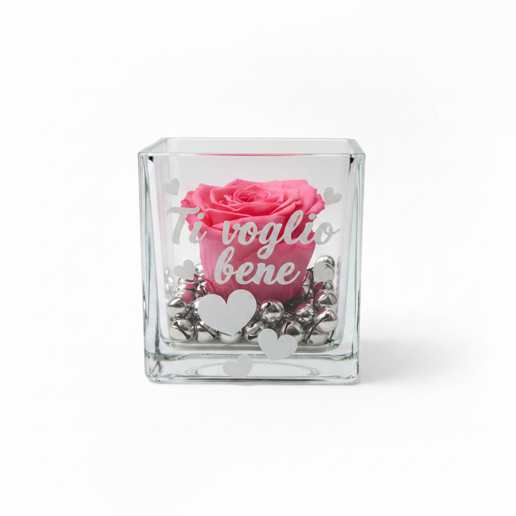Cubo in Vetro con Rosa Stabilizzata e Scritta Personalizzata