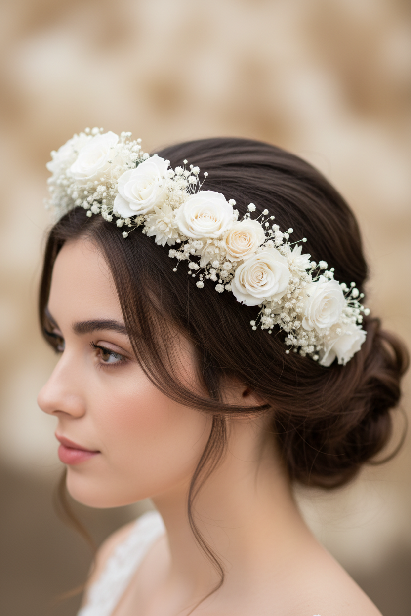 Corona di Fiori con Rose Stabilizzate Bianche