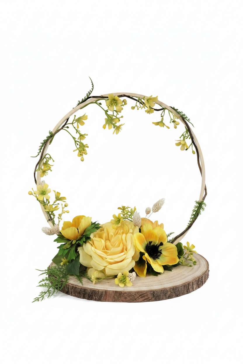 Composizione Fiori Artificiali Cerchio in Legno con Rose Gialle