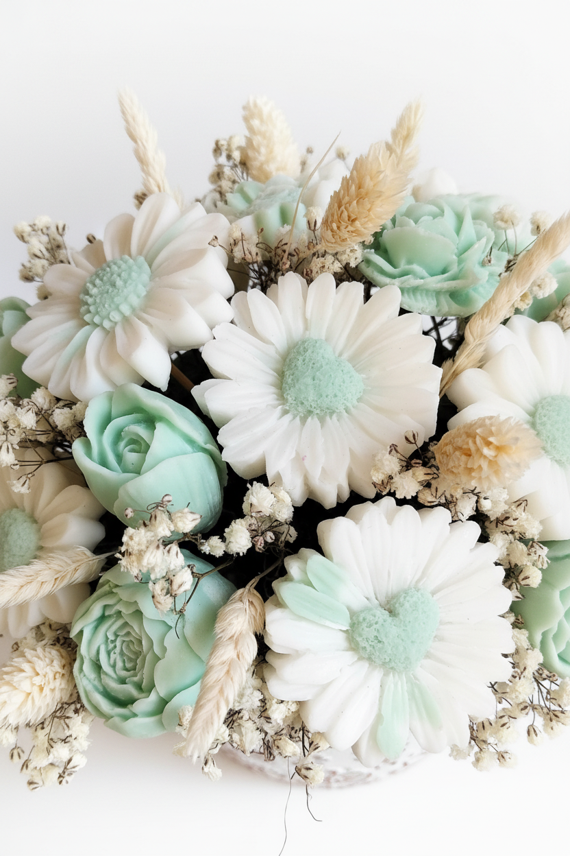 Composizione Fiori di Cera Menta e Bianco