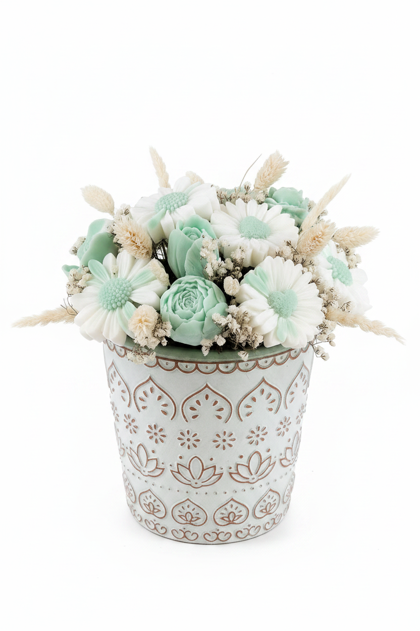 Composizione Fiori di Cera Menta e Bianco