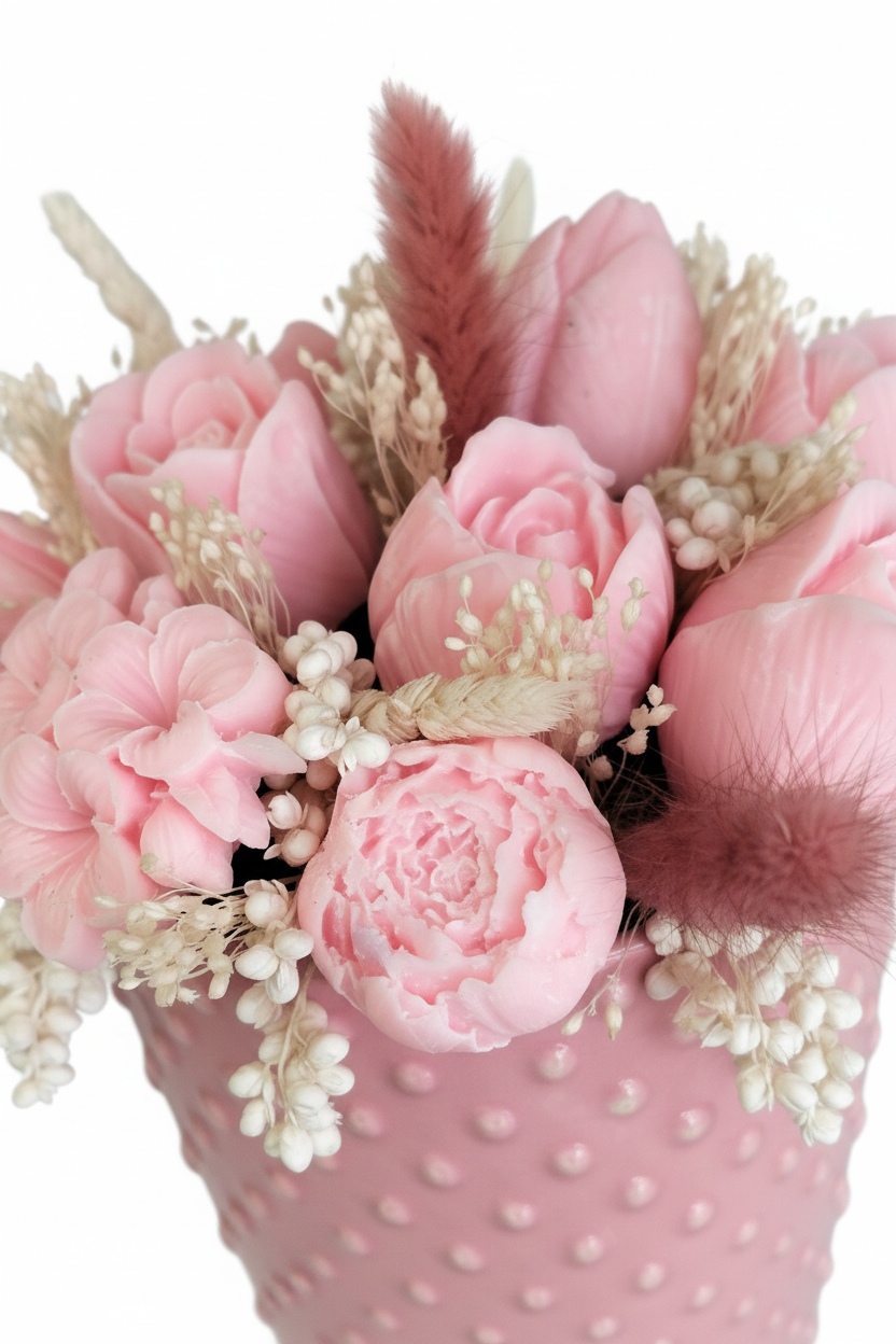 Composizione Fiori di Cera Rosa — Vaso Hobnail