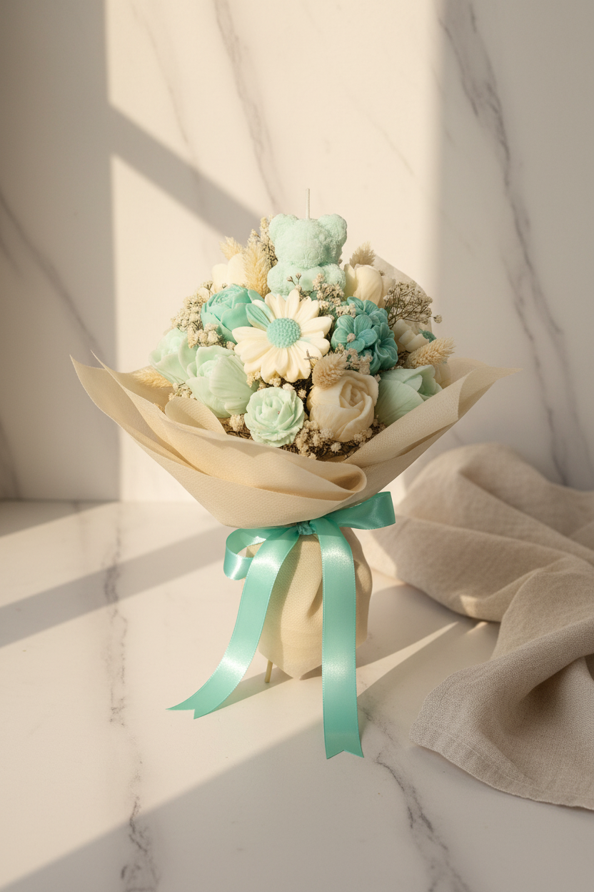 Bouquet di fiori in cera colore Tiffany su superficie in marmo – formato verticale Pinterest