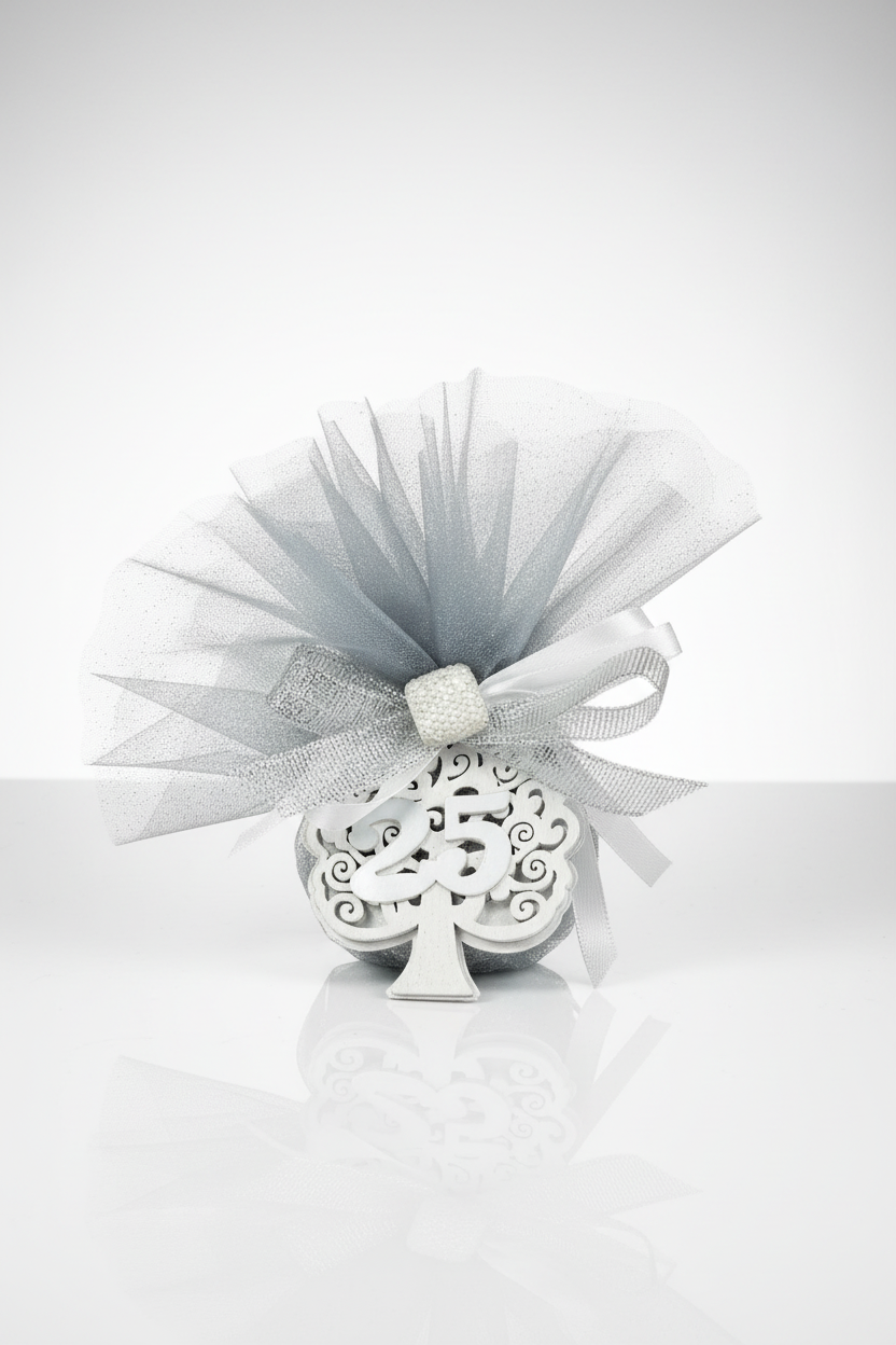 Nozze d'Argento – Portachiavi con Sacchetto, Confetti ed Etichetta