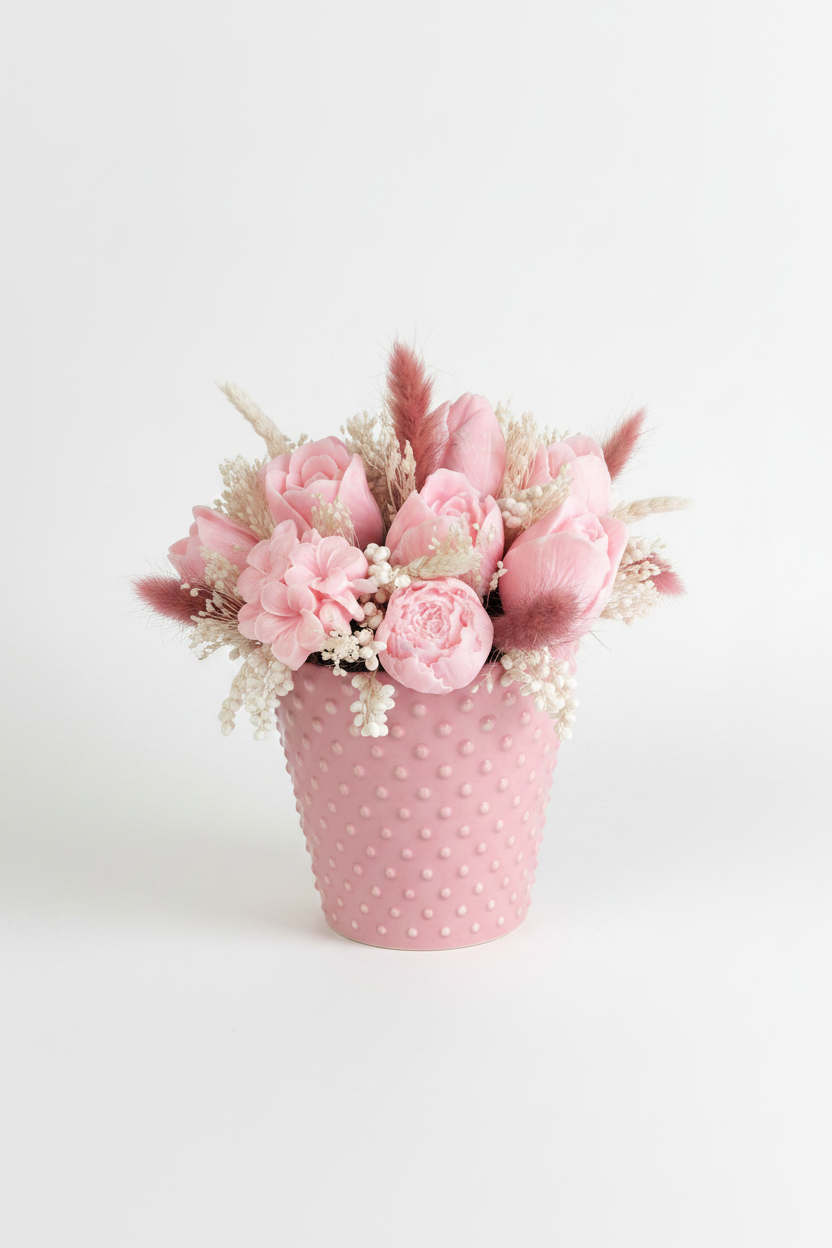 Composizione Fiori di Cera Rosa — Vaso Hobnail