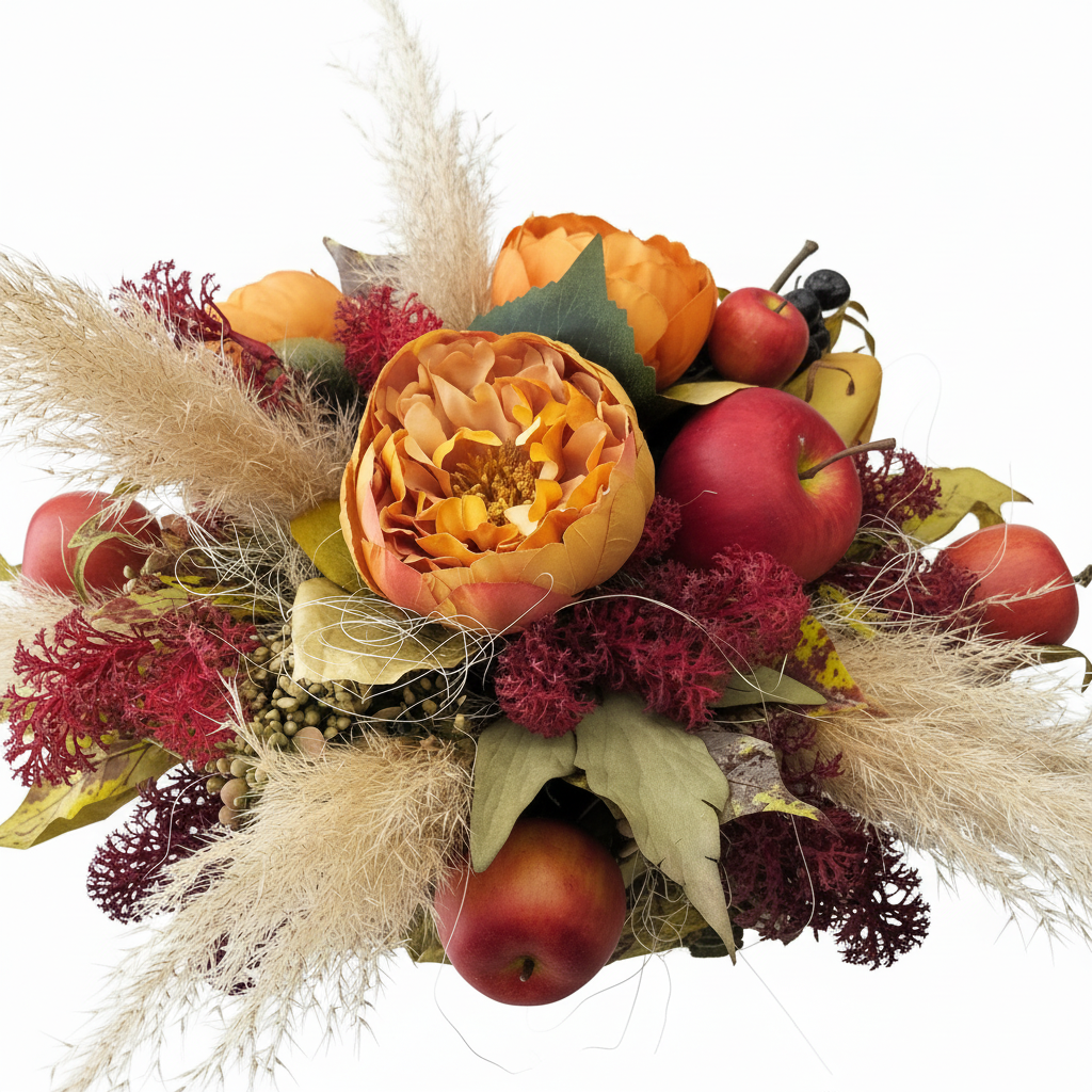 Composizione Fiori Artificiali Autunnale con Peonie e Mele