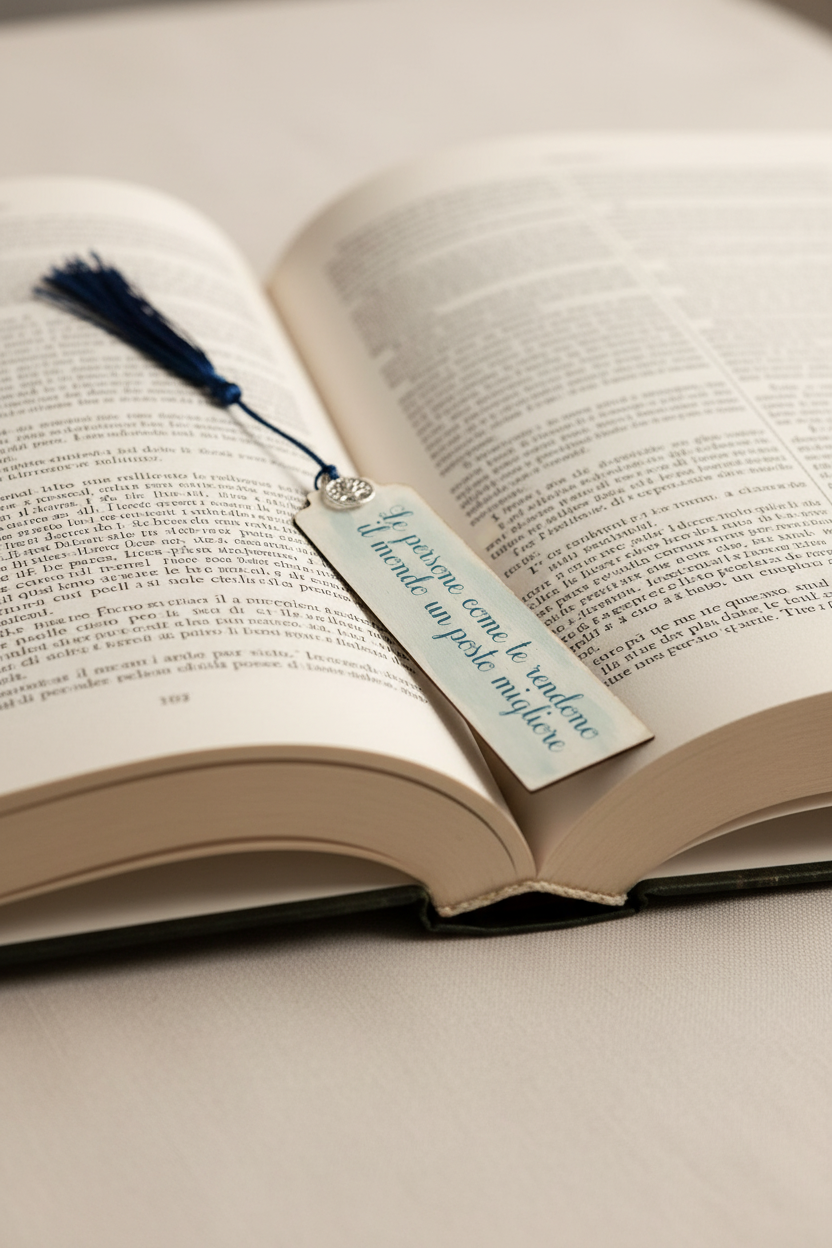 Segnalibro blu su libro aperto