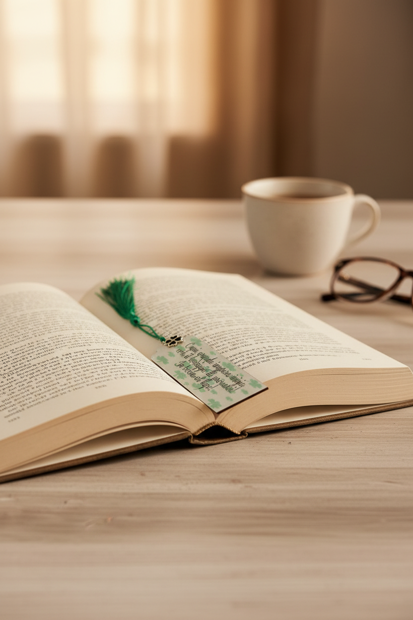 Segnalibro verde su libro aperto
